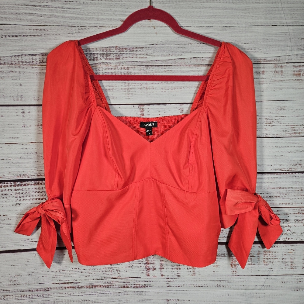 Express Red Puff Sleeve Tie Cuff Top